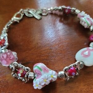 Breast Cancer Awareness Lampwork Glass Silver Beaded Bracelet BCA